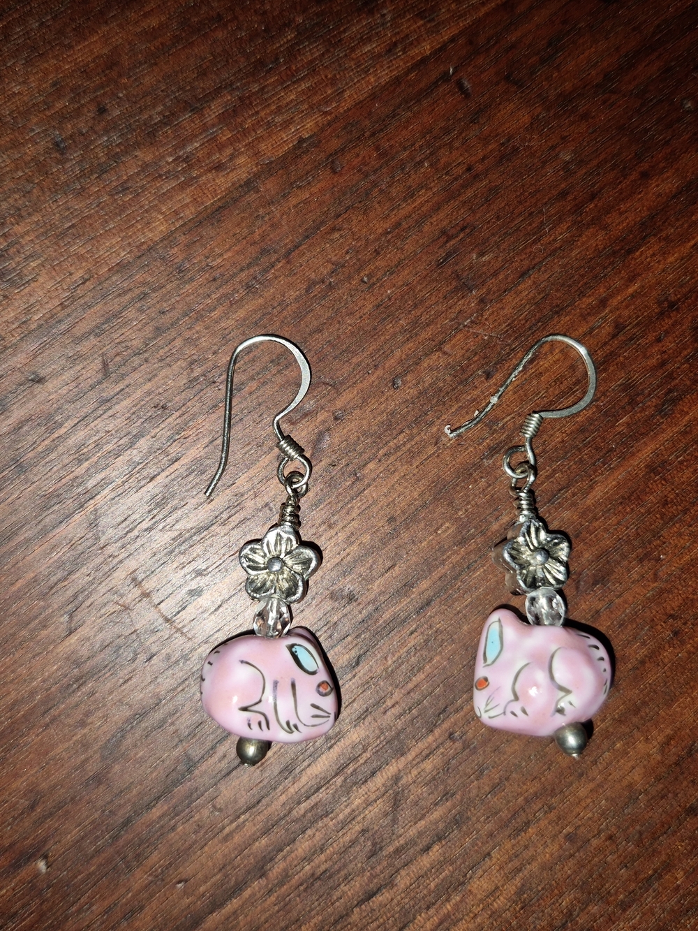 Pink Cat Drop Earrings with Silver Floral Accents - Picture 3 of 5